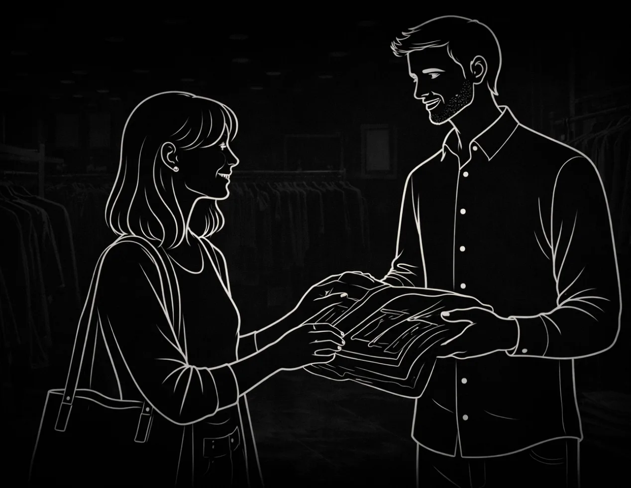 Sales associate assisting a customer in an apparel store