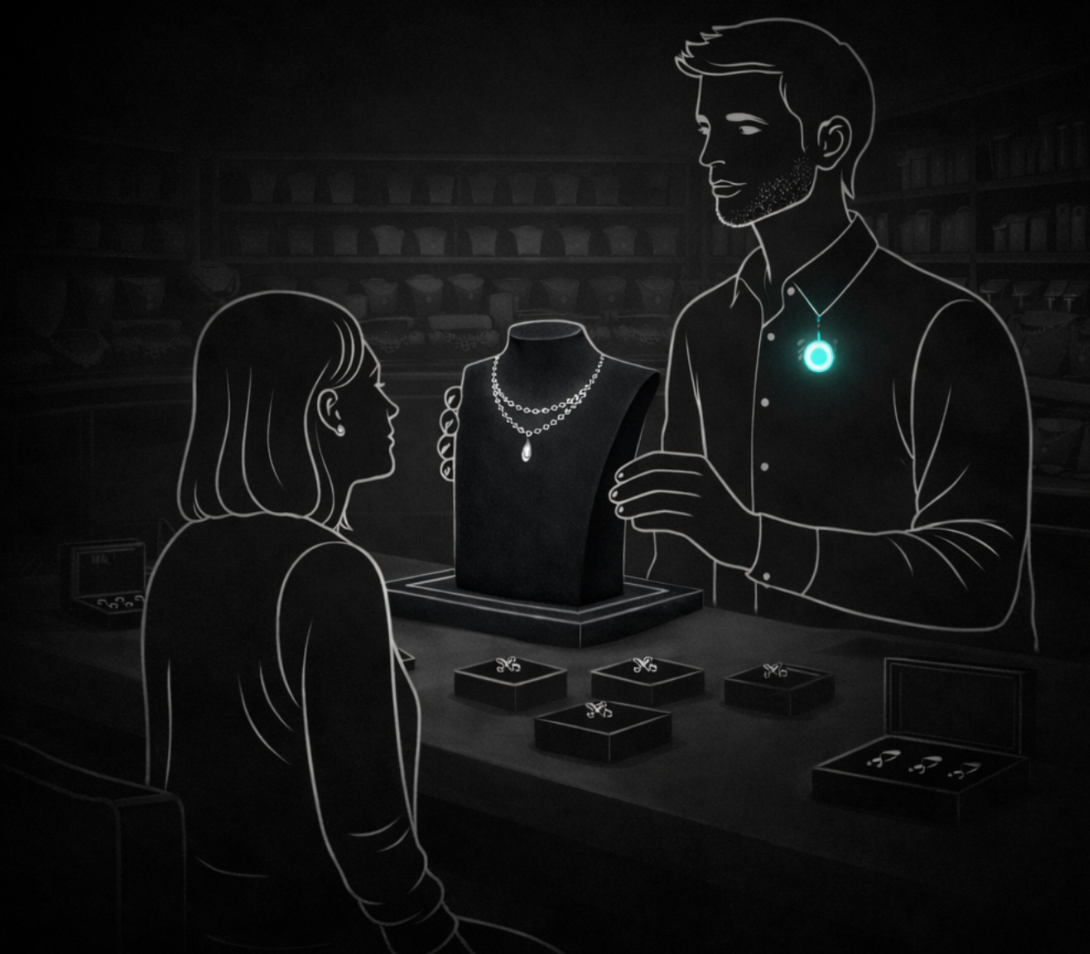 Sales associate assisting a customer at a jewellery counter